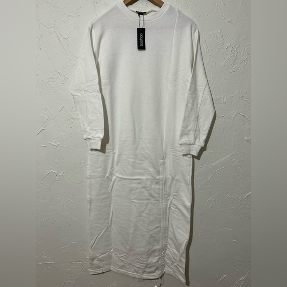 Boohoo White Long Sleeve Ruched Sweatshirt Dress Sz XS | Casual Chic Fall Outfit - Picture 9 of 11